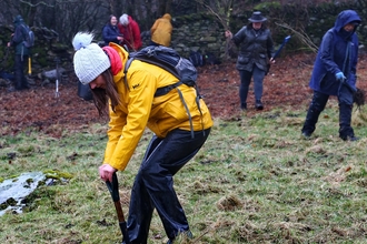 Image of woman planting tree at Staveley Woodlands credit Cumbria Wildlife Trust