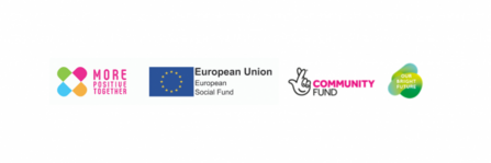 Logos featuring postive together - community fund - EU - brighter future 