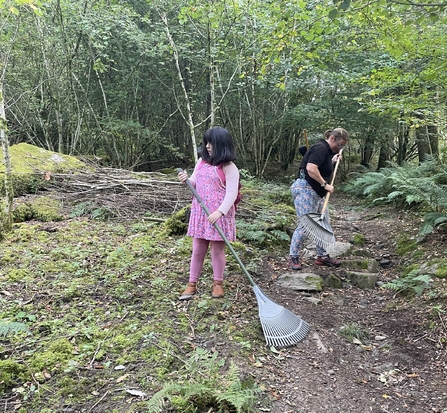 people doing conservation work in woodland outdoors using rakes
