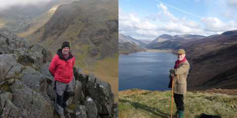 A pair of images of men standing in wild landscapes with mountains and a lake in the background.