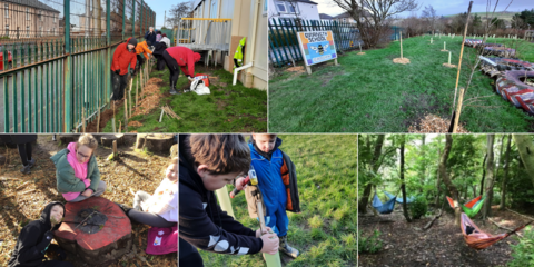 A group of images showing children tree planting and doing outdoor activities at school