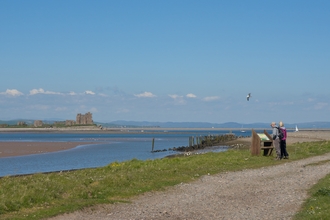 South walney nature reserve and piel castle with people looking at wildlife interpretation board - copyright john morission