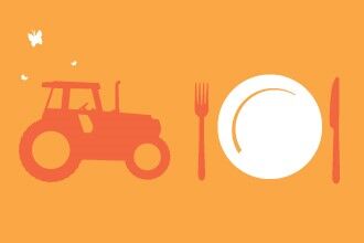 The Wildlife Trusts graphic depicting a tractor, butterfly and plate with knife and fork