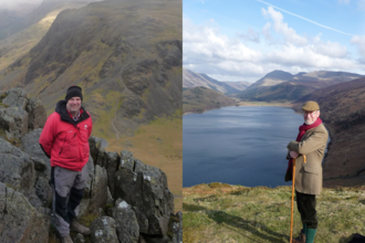 A pair of images of men standing in wild landscapes with mountains and a lake in the background.