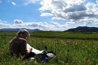 Image of artist Julia Gardner sketching at Eycott Hill Nature Reserve