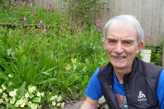 A man crouching in front of a bank of wildflowers and greenery in a garden