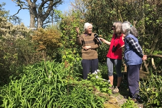 Two women and a man standing in a garden on a sunny day. One woman is holding a microphone to interview the other two people.  