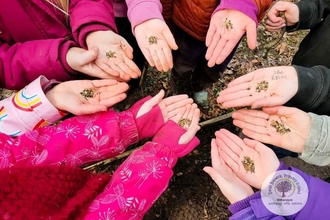 A circle of outstretched children's hands, holding seeds
