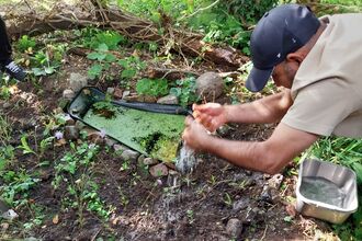 a man helping to create a small pond for wildlife