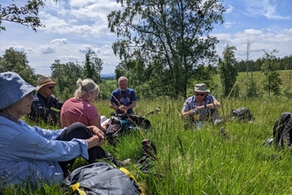 People sitting amongst long grass surveying plants in the vicinity with trees and blue skies in the background.