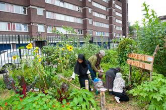 A group of adults and children in a community garden opposite a block of flats. The sign reads 'Forest Garden' and there are bushes and sunflowers, amongst other plants
