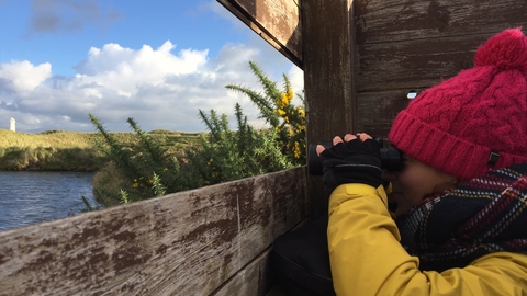 People bird watching at a South Walney Nature Reserve bird hide