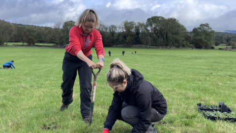 image of two females plug planting in field