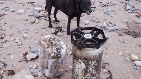 An old bear barrel and large plastic container washed ashore
