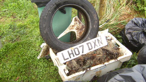 Lots of collected rubbish including tyres, number plate and a sink