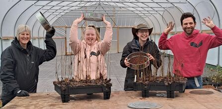 four people inside polytunnel with seedlings for Skiddaw Forest