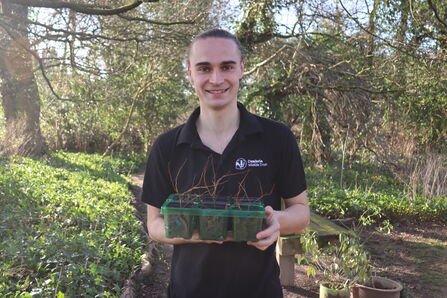 Isaac Johnston holding tray of seedlings in Cumbria Wildlife Trust garden