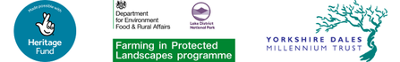 National Lottery Heritage Fund, Lake District National Park Authority and Yorkshire Dales Millenium Trust logos