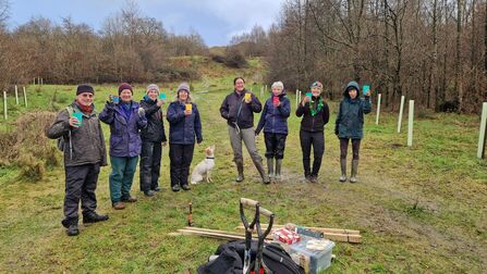 Group of people standing in countryside celebrating after planting shrubs