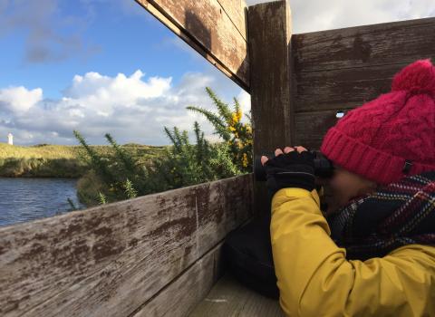 People bird watching at a South Walney Nature Reserve bird hide