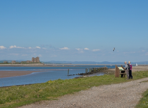 couple reading interpretation panel at south walney nature reserve with piel castle in background copyright john morrison